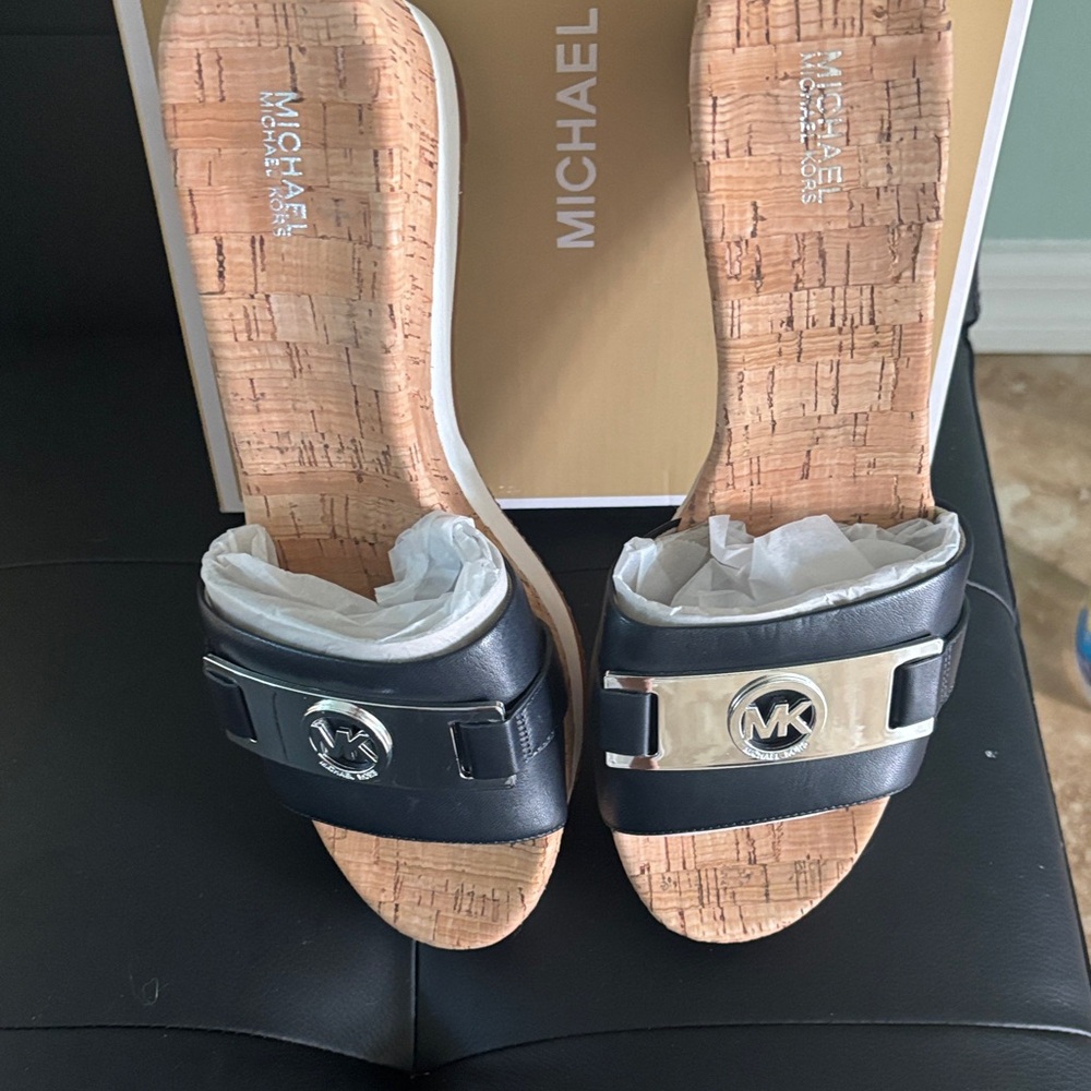 Michael Kors Black and Silver Slide Sandals